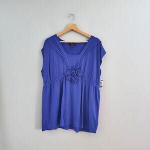 Style & Co. Blue Sleeveless Ruched Flower Accent Top XL